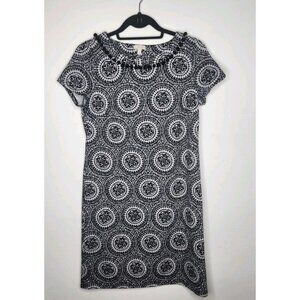 ❤️Talbots Black & White Medallion Print Sheath Dress Pompom Neckline Size SP